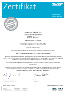 Zertifikat AssaAbloy Fachkraft Rettungswegsysteme