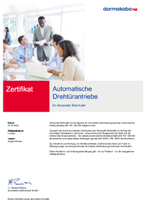 Zertifikat Dormakaba Fachkraft Drehtürantriebe Alexander Rietmüller