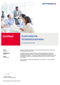 Zertifikat Dormakaba Fachkraft Automatische Schiebetürsysteme