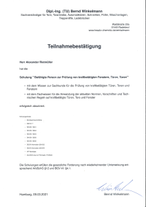Zertifikat Befähigte Person Prüfung Wartung kraftbetätigte Fenster, Türen, Tore Alexander Rietmüller
