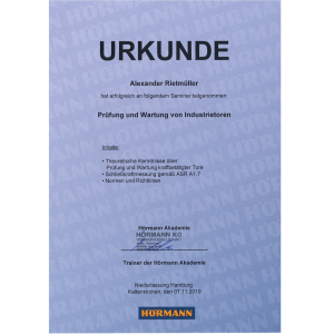 Urkunde Hörmann Prüfung Wartung Industrietore Alexander Rietmüller